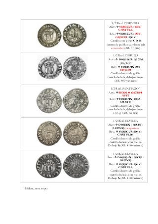 1/2 Real. CORDOBA
Anv.: ENRICVS : REX :
CASTELL
Rev.: ENRICVS : DEI :
GRACIA : REX
Castillo con letras C O R
dentro de gráfila cuatrilobulada
con roeles (AB. no cita)
1/2 Real. CORUÑA
Anv.: DOMINVS MICHI
(Ilegible)
Rev.: ENRICVS DEI
GRACIA
Castillo dentro de gráfila
cuatrilobulada, debajo venera
(AB. 409 variante)
1/2 Real. SANTIAGO
6
Anv.: SIDNS MICHI
AIVT
Rev.: ENRICVS : REX :
CASTE
Castillo dentro de gráfila
cuatrilobulada, debajo venera
1,63 g. (AB. no cita)
1/2 Real. SEVILLA
Anv.: DOMINS : MICHI :
AIVTOR (tres puntos)
Rev.: ENRICVS : REX :
CASTELLE
Castillo dentro de gráfila
cuatrilobulada, con roeles.
Debajo S (AB. 410 variante)
1/2 Real. SEVILLA
Anv.: DOMINVS : MICHI :
AIVTOR
Rev.: ENRICVS : REX :
CASTELL
Castillo dentro de gráfila
cuatrilobulada, con roeles.
Debajo S (AB. 410 variante)
6
Ibidem, nota supra
 
