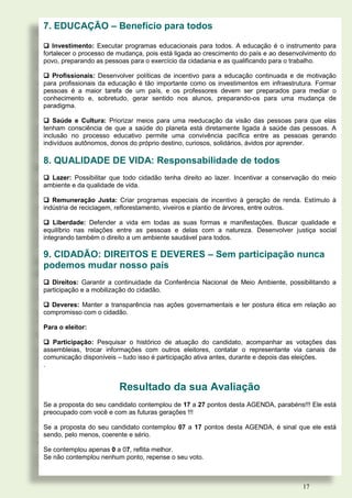 7. EDUCAÇÃO – Benefício para todos

 Investimento: Executar programas educacionais para todos. A educação é o instrumento para
fortalecer o processo de mudança, pois está ligada ao crescimento do país e ao desenvolvimento do
povo, preparando as pessoas para o exercício da cidadania e as qualificando para o trabalho.

 Profissionais: Desenvolver políticas de incentivo para a educação continuada e de motivação
para profissionais da educação é tão importante como os investimentos em infraestrutura. Formar
pessoas é a maior tarefa de um país, e os professores devem ser preparados para mediar o
conhecimento e, sobretudo, gerar sentido nos alunos, preparando-os para uma mudança de
paradigma.

 Saúde e Cultura: Priorizar meios para uma reeducação da visão das pessoas para que elas
tenham consciência de que a saúde do planeta está diretamente ligada à saúde das pessoas. A
inclusão no processo educativo permite uma convivência pacífica entre as pessoas gerando
indivíduos autônomos, donos do próprio destino, curiosos, solidários, ávidos por aprender.

8. QUALIDADE DE VIDA: Responsabilidade de todos
 Lazer: Possibilitar que todo cidadão tenha direito ao lazer. Incentivar a conservação do meio
ambiente e da qualidade de vida.

 Remuneração Justa: Criar programas especiais de incentivo à geração de renda. Estímulo à
indústria de reciclagem, reflorestamento, viveiros e plantio de árvores, entre outros.

 Liberdade: Defender a vida em todas as suas formas e manifestações. Buscar qualidade e
equilíbrio nas relações entre as pessoas e delas com a natureza. Desenvolver justiça social
integrando também o direito a um ambiente saudável para todos.

9. CIDADÃO: DIREITOS E DEVERES – Sem participação nunca
podemos mudar nosso país
 Direitos: Garantir a continuidade da Conferência Nacional de Meio Ambiente, possibilitando a
participação e a mobilização do cidadão.

 Deveres: Manter a transparência nas ações governamentais e ter postura ética em relação ao
compromisso com o cidadão.

Para o eleitor:

 Participação: Pesquisar o histórico de atuação do candidato, acompanhar as votações das
assembleias, trocar informações com outros eleitores, contatar o representante via canais de
comunicação disponíveis – tudo isso é participação ativa antes, durante e depois das eleições.
.


                         Resultado da sua Avaliação
Se a proposta do seu candidato contemplou de 17 a 27 pontos desta AGENDA, parabéns!!! Ele está
preocupado com você e com as futuras gerações !!!

Se a proposta do seu candidato contemplou 07 a 17 pontos desta AGENDA, é sinal que ele está
sendo, pelo menos, coerente e sério.

Se contemplou apenas 0 a 07, reflita melhor.
Se não contemplou nenhum ponto, repense o seu voto.



                                                                                      17
 