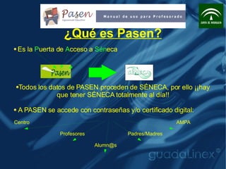 ¿Qué es Pasen? <ul><li>Es la  P uerta de  A cceso a  Sén eca </li></ul><ul><li>Todos los datos de PASEN proceden de SÉNECA...