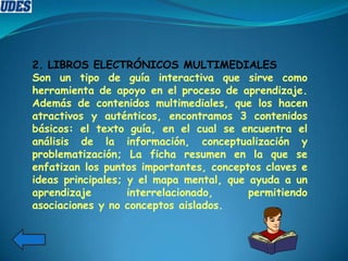 2. LIBROS ELECTRÓNICOS MULTIMEDIALES
Son un tipo de guía interactiva que sirve como
herramienta de apoyo en el proceso de aprendizaje.
Además de contenidos multimediales, que los hacen
atractivos y auténticos, encontramos 3 contenidos
básicos: el texto guía, en el cual se encuentra el
análisis de la información, conceptualización y
problematización; La ficha resumen en la que se
enfatizan los puntos importantes, conceptos claves e
ideas principales; y el mapa mental, que ayuda a un
aprendizaje interrelacionado, permitiendo
asociaciones y no conceptos aislados.
 