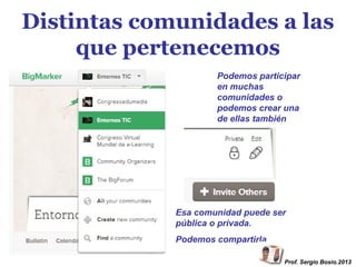 Distintas comunidades a las
que pertenecemos
Podemos participar
en muchas
comunidades o
podemos crear una
de ellas también

Esa comunidad puede ser
pública o privada.
Podemos compartirla
Prof. Sergio Bosio.2013

 