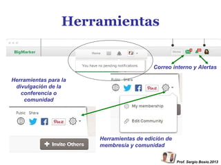 Herramientas

Correo interno y Alertas
Herramientas para la
divulgación de la
conferencia o
comunidad

Herramientas de edición de
membresía y comunidad
Prof. Sergio Bosio.2013

 