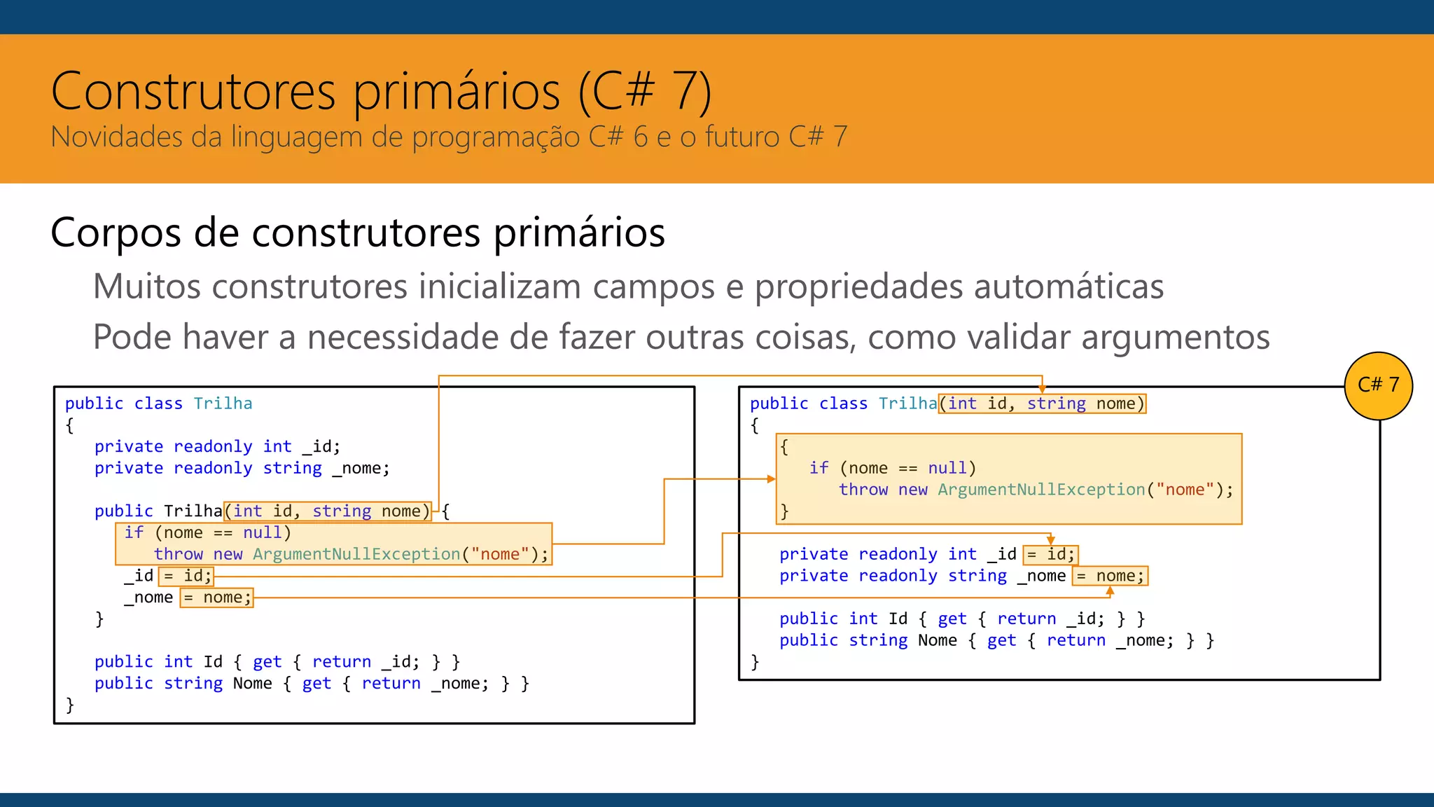Construtores primários (C# 7)
Novidades da linguagem de programação C# 6 e o futuro C# 7
Corpos de construtores primários
Muitos construtores inicializam campos e propriedades automáticas
Pode haver a necessidade de fazer outras coisas, como validar argumentos
public class Trilha
{
private readonly int _id;
private readonly string _nome;
public Trilha(int id, string nome) {
if (nome == null)
throw new ArgumentNullException("nome");
_id = id;
_nome = nome;
}
public int Id { get { return _id; } }
public string Nome { get { return _nome; } }
}
public class Trilha(int id, string nome)
{
{
if (nome == null)
throw new ArgumentNullException("nome");
}
private readonly int _id = id;
private readonly string _nome = nome;
public int Id { get { return _id; } }
public string Nome { get { return _nome; } }
}
C# 7
 