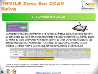 INVILE Zona Sur CCAV
Neiva
FI-GQ-GCMU-004-015 V. 000-27-08-2011
Es importante revisar constantemente la Agenda de trabajo debido a que ésta contiene
las actividades que van a ser calificadas durante el período académico. Así mismo, define
las fechas de inicio (apertura) y finalización (cierre) de cada una de las actividades. Las
actividades pueden ser Asincrónicas ( Actividades de vocabulario, escucha, lectura,
escritura y Examen Final) ó sincrónicas ( Actividad de Speaking ó Examen oral).
Adaptado de: Escrito por José Mauricio Sánchez Reales (Barranquilla). http://www.unad.edu.co/caribe/index.php/reconocimiento-del-campus-
virtual/148-reconociendo-las-agendas-de-mis-cursos-virtuales
 