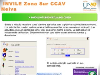 INVILE Zona Sur CCAV
Neiva
FI-GQ-GCMU-004-015 V. 000-27-08-2011
El libro o módulo virtual del curso contiene ejercicios para la práctica y aprendizaje autónomo.
Los estudiantes pueden realizar estas actividades cuantas veces consideren necesario. Las
actividades no son calificadas por el tutor sino por el mismo sistema. Su calificación no
inciden en la calificación. Simplemente sirven para saber cuales son sus aciertos y
desaciertos.
El puntaje obtenido no incide en sus
calificaciones.
 