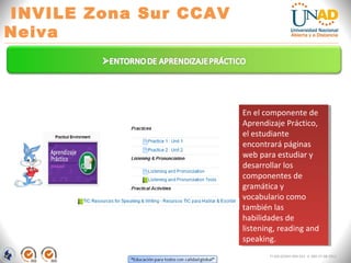 INVILE Zona Sur CCAV
Neiva
FI-GQ-GCMU-004-015 V. 000-27-08-2011
En el componente de
Aprendizaje Práctico,
el estudiante
encontrará páginas
web para estudiar y
desarrollar los
componentes de
gramática y
vocabulario como
también las
habilidades de
listening, reading and
speaking.
En el componente de
Aprendizaje Práctico,
el estudiante
encontrará páginas
web para estudiar y
desarrollar los
componentes de
gramática y
vocabulario como
también las
habilidades de
listening, reading and
speaking.
 