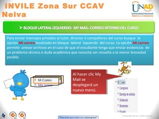 INVILE Zona Sur CCAV
Neiva
FI-GQ-GCMU-004-015 V. 000-27-08-2011
Para enviar mensajes privados al tutor, director ó compañeros del curso busque la
opción Mi correo localizado en bloque lateral izquierdo del curso. La opción Mi correo
permite anexar archivos en el caso de que el estudiante tenga que enviar evidencias de
un problema técnico o duda académica que necesite ser resuelta a la menor brevedad
posible.
Al hacer clic My
Mail se
desplegará un
nuevo menú.
Al hacer clic My
Mail se
desplegará un
nuevo menú.
 