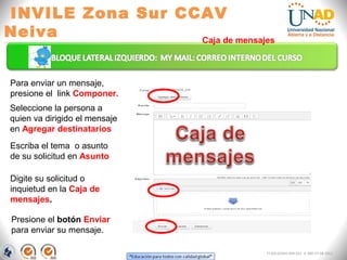 INVILE Zona Sur CCAV
Neiva
FI-GQ-GCMU-004-015 V. 000-27-08-2011
Para enviar un mensaje,
presione el link Componer.
Seleccione la persona a
quien va dirigido el mensaje
en Agregar destinatarios
Escriba el tema o asunto
de su solicitud en Asunto
Digite su solicitud o
inquietud en la Caja de
mensajes.
Presione el botón Enviar
para enviar su mensaje.
Caja de mensajes
 