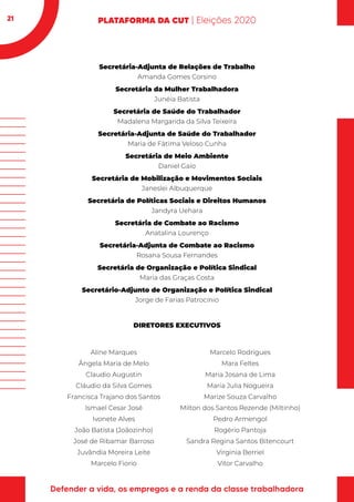 21
Secretária-Adjunta de Relações de Trabalho
Amanda Gomes Corsino
Secretária da Mulher Trabalhadora
Junéia Batista
Secretária de Saúde do Trabalhador
Madalena Margarida da Silva Teixeira
Secretária-Adjunta de Saúde do Trabalhador
Maria de Fátima Veloso Cunha
Secretária de Meio Ambiente
Daniel Gaio
Secretária de Mobilização e Movimentos Sociais
Janeslei Albuquerque
Secretária de Políticas Sociais e Direitos Humanos
Jandyra Uehara
Secretária de Combate ao Racismo
Anatalina Lourenço
Secretária-Adjunta de Combate ao Racismo
Rosana Sousa Fernandes
Secretária de Organização e Política Sindical
Maria das Graças Costa
Secretário-Adjunto de Organização e Política Sindical
Jorge de Farias Patrocínio
 
DIRETORES EXECUTIVOS
Aline Marques Marcelo Rodrigues
Ângela Maria de Melo Mara Feltes
Claudio Augustin Maria Josana de Lima
Cláudio da Silva Gomes Maria Julia Nogueira
Francisca Trajano dos Santos Marize Souza Carvalho
Ismael Cesar José Milton dos Santos Rezende (Miltinho)
Ivonete Alves Pedro Armengol
João Batista (Joãozinho) Rogério Pantoja
José de Ribamar Barroso Sandra Regina Santos Bitencourt
Juvândia Moreira Leite Virginia Berriel
Marcelo Fiorio Vitor Carvalho
 
