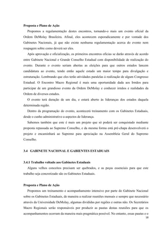 Proposta e Plano de Ação
  Propomos a regulamentação destes encontros, tornando-o mais um evento oficial da
Ordem DeMolay Brasileira. Afinal, eles acontecem esporadicamente e por vontade dos
Gabinetes Nacionais, já que não existe nenhuma regulamentação acerca do evento nem
roupagem sobre como deverá ser eles.
  Após aprovação e oficialização, os primeiros encontros oficias se darão através de acordo
entre Gabinete Nacional e Grande Conselho Estadual com disponibilidade de realização do
evento. Durante o evento seriam abertas as eleições para que outros estados lancem
candidatura ao evento, tendo então aquele estado um maior tempo para divulgação e
estruturação. Lembrando que eles terão atividades paralelas à realização de algum Congresso
Estadual. O Encontro Macro Regional é mais uma oportunidade dada aos Irmãos para
participar de um grandioso evento da Ordem DeMolay e conhecer irmãos e realidades da
Ordem de diversos estados.
  O evento terá duração de um dia, e estará aberto às lideranças dos estados daquela
determinada região.
  Dentro da programação do evento, acontecerá treinamento com os Gabinetes Estaduais,
desde o cunho administrativo a aspectos de liderança.
  Sabemos também que este é mais um projeto que só poderá ser conquistado mediante
proposta repassada ao Supremo Conselho, e da mesma forma está pré-chapa desenvolverá o
projeto e encaminhará ao Supremo para apreciação na Assembleia Geral do Supremo
Conselho.


3.4 GABINETE NACIONAL E GABIENTES ESTADUAIS


3.4.1 Trabalho voltado aos Gabinetes Estaduais
  Alguns velhos conceitos precisam ser quebrados, e as peças essenciais para que este
trabalho seja concretizado são os Gabinetes Estaduais.


Proposta e Plano de Ação
  Propomos um treinamento e acompanhamento intensivo por parte do Gabinete Nacional
sobre os Gabinetes Estaduais, de maneira a realizar reuniões mensais e sempre que necessário
através da Universidade DeMolay, algumas divididas por regiões e outras não. Os Secretários
Macro Regionais serão responsáveis por produzir as pautas destas reuniões para que os
acompanhamentos ocorram da maneira mais pragmática possível. No entanto, essas pautas e o
                                                                                         18
 