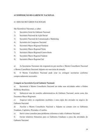 4 COMPOSIÇÃO DO GABINETE NACIONAL


4.1 DOS SECRETÁRIOS NACIONAIS


São Secretários Nacionais, a saber:
1)     Secretário Geral do Gabinete Nacional.
2)     Secretário Nacional de Ação Social
3)     Secretário Nacional de Comunicação e Marketing
4)     Secretário do Congresso Nacional
5)     Secretário Macro Regional Nordeste
6)     Secretário Macro Regional Norte
7)     Secretário Macro Regional Centro-Oeste
8)     Secretário Macro Regional Sudeste
9)     Secretário Macro Regional Sul


a)     As Secretarias Nacionais são responsáveis por auxiliar o Mestre Conselheiro Nacional
e Mestre Conselheiro Nacional Adjunto em suas áreas de atuação.
b)     O Mestre Conselheiro Nacional pode criar ou extinguir secretarias conforme
comprovadamente necessário.


Compete ao Secretário Geral Gabinete Nacional:
a)     Secretariar o Mestre Conselheiro Nacional em todas suas atividades sobre a Ordem
DeMolay Brasileira.
b)     Subscrever atas de reuniões administrativas do Gabinete Nacional, assim como dos
Encontros Macro Regionais.
c)     Arquivar todos os expedientes recebidos e uma cópia dos enviados no arquivo do
Gabinete Nacional.
d)     Auxiliar o Mestre Conselheiro Nacional e Adjunto no contato com os Gabinetes
Estaduais, Capítulos, Priorados e Castelos.
e)     Servir como consultor para problemas referentes a todo o Gabinete Nacional.
f)     Enviar relatórios bimestrais para os Gabinetes Estaduais a cerca das atividades do
Gabinete Nacional.



                                                                                        24
 
