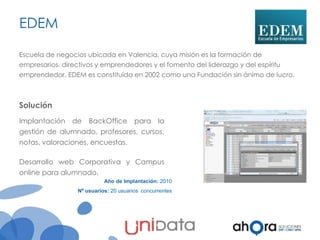 EDEM
Escuela de negocios ubicada en Valencia, cuya misión es la formación de
empresarios, directivos y emprendedores y el fomento del liderazgo y del espíritu
emprendedor. EDEM es constituida en 2002 como una Fundación sin ánimo de lucro.

Solución
Implantación

de

BackOffice

para la

gestión de alumnado, profesores, cursos,
notas, valoraciones, encuestas.
Desarrollo web Corporativa y Campus
online para alumnado.
Año de Implantación: 2010
Nº usuarios: 20 usuarios concurrentes

 