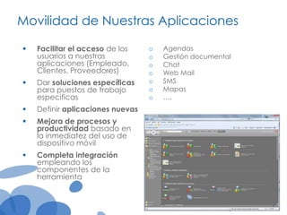 Movilidad de Nuestras Aplicaciones


Facilitar el acceso de los
usuarios a nuestras
aplicaciones (Empleado,
Clientes, Proveedores)



Dar soluciones específicas
para puestos de trabajo
especificas



Definir aplicaciones nuevas



Mejora de procesos y
productividad basado en
la inmediatez del uso de
dispositivo móvil



Completa integración
empleando los
componentes de la
herramienta

o
o
o
o
o
o
o

Agendas
Gestión documental
Chat
Web Mail
SMS
Mapas
….

 