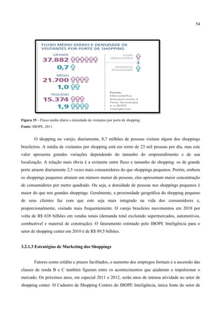 54
	
  
Figura 35 – Fluxo médio diário e densidade de visitantes por porte de shopping
Fonte: IBOPE, 2011.
O shopping no varejo, diariamente, 8,7 milhões de pessoas visitam algum dos shoppings
brasileiros. A média de visitantes por shopping está em torno de 23 mil pessoas por dia, mas este
valor apresenta grandes variações dependendo do tamanho do empreendimento e de sua
localização. A relação mais óbvia é a existente entre fluxo e tamanho do shopping: os de grande
porte atraem diariamente 2,5 vezes mais consumidores do que shoppings pequenos. Porém, embora
os shoppings pequenos atraiam um número menor de pessoas, eles apresentam maior concentração
de consumidores por metro quadrado. Ou seja, a densidade de pessoas nos shoppings pequenos é
maior do que nos grandes shoppings. Geralmente, a proximidade geográfica do shopping pequeno
de seus clientes faz com que este seja mais integrado na vida dos consumidores e,
proporcionalmente, visitado mais frequentemente. O varejo brasileiro movimentou em 2010 por
volta de R$ 638 bilhões em vendas totais (demanda total excluindo supermercados, automotivos,
combustível e material de construção). O faturamento estimado pelo IBOPE Inteligência para o
setor de shopping center em 2010 é de R$ 89,5 bilhões.
3.2.1.3 Estratégias de Marketing dos Shoppings
Fatores como crédito e prazos facilitados, o aumento dos empregos formais e a ascensão das
classes de renda B e C também figuram entre os acontecimentos que ajudaram a impulsionar o
mercado. Os próximos anos, em especial 2011 e 2012, serão anos de intensa atividade no setor de
shopping center. O Cadastro de Shopping Centers do IBOPE Inteligência, única fonte do setor de
 