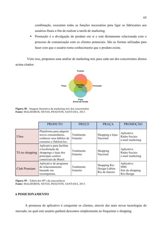 65
combinação, executam todas as funções necessárias para ligar os fabricantes aos
usuários-finais a fim de realizar a tarefa de marketing.
 Promoção é a divulgação do produto em si e está diretamente relacionada com o
processo de comunicação com os clientes potenciais. São as formas utilizadas para
fazer com que o usuário tome conhecimento que o produto existe.
Visto isso, propomos uma análise de marketing mix para cada um dos concorrentes diretos
acima citados:
Figura 38 – Imagem ilustrativa de marketing mix dos concorrentes
Fonte: MALHEIROS, NEVES, PHAETON, SANTANA, 2013.
Figura 39 – Tabela dos 4P’s da concorrência
Fonte: MALHEIROS, NEVES, PHAETON, SANTANA, 2013.
6 POSICIONAMENTO
A promessa do aplicativo é conquistar os clientes, através das mais novas tecnologias do
mercado, no qual este usuário ganhará descontos simplesmente ao frequentar o shopping.
PRODUTO PREÇO PRAÇA PROMOÇÃO
Ubee
Plataforma para adquirir
novos consumidores,
conhecer seus hábitos de
consumo e fidelizá-los.
Totalmente
Gratuito
Shopping e lojas
Nacional
Aplicativo
Redes Sociais
e-mail marketing
Tô no shopping
Aplicativo para facilitar
a localização de
shoppings e lojas dos
principais centros
comerciais do Brasil.
Totalmente
Gratuito
Shopping
Nacional
Aplicativo
Redes Sociais
e-mail marketing
Club Premiare
Aplicativo de programa
de relacionamento
baseado em
recompensas.
Totalmente
Gratuito
Shopping Rio
Design Leblon
Rio de Janeiro
Aplicativo
SMS
Site do shopping
Rio Design
 