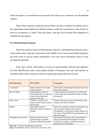 72
ideias inovadoras e os procedimentos de operação mais eficazes que conduzam a um desempenho
superior.
Desta forma, empresas comparam seus produtos, serviços e métodos de trabalho com os
das organizações representantes das melhores práticas, sendo elas concorrentes ou não. Porém, ao
absorver tais práticas, as “cópias” não serão iguais, visto que será necessário fazer adaptações à
realidade de cada negócio.
7.4.1 Benchmarking Funcional
Diante dos inúmeros tipos de benchmarking, elegemos o benchmarking funcional como a
melhor prática para o aplicativo apresentado neste trabalho. Ele se baseia numa função específica,
que pode existir ou não na própria organização e serve para trocar informações acerca de uma
atividade bem definida.
Neste caso, estamos interessados no serviço de geolocalização oferecido pelo aplicativo
We look. Identificamos, então, como empresa modelo o Foursquare. Esta rede social permite ao
utilizador indicar onde se encontra e procurar contatos que estejam próximos ao local.
Benchmarking WE LOOK Foursquare
Localização indica através de wi fi onde
estão as ofertas
usuário por vontade própria informa onde está
através de check-in
Base de dados cada shopping oferece as
informações de suas lojas que
serão armazenadas pela
equipe do We look
A geo-indexação da pesquisa usa a biblioteca
s2 do Google para armazenar cellids no índice
da pesquisa
Rede social Usuário se conecta com
outros usuários apenas dentro
do We look
Usuário informa em outras redes sociais onde
está por meio do Foursquare
Ofertas utiliza QR code para
identificar ofertas e a base de
clientes
utiliza um conjunto de dados do geonames.org
para converter endereços geocode em
coordenadas, o que permite indicar lugares em
um mapa e disponibilizá-los para pesquisa com
base em lugares
Abrangência de serviços aplicativo funciona com
geolocalização e também
como um clube de descontos
além da geolocalização, faz recomendações e
ofertas personalizadas baseadas em onde o
usuário, seus amigos e pessoas com gostos
parecidos têm frequentado
Figura 44 – Tabela de Banchmarking Funcional
Fonte: MALHEIROS, NEVES, PHAETON, SANTANA, 2013.
 