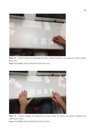 95
Figura 70 – Teste de avaliação de compreensão dos ícones: usuário 03 estrutura o que acredita ser a melhor estrutura
para o menu.
Fonte: MALHEIROS, NEVES, PHAETON, SANTANA, 2013.
Figura 71 – Teste de avaliação de compreensão dos ícones: usuário 04 estrutura uma possível combinação dos
símbolos para o menu.
Fonte: MALHEIROS, NEVES, PHAETON, SANTANA, 2013.
 