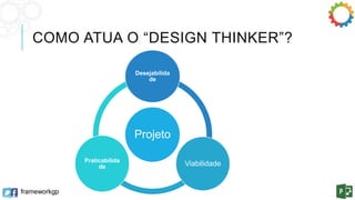 COMO ATUA O “DESIGN THINKER”? 
frameworkgp 
Desejabilida 
de 
Projeto 
Viabilidade Praticabilida 
de 
 