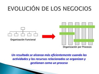 Organización Funcional
Organización por Procesos

Un resultado se alcanza más eficientemente cuando las
actividades y los recursos relacionados se organizan y
gestionan como un proceso

 