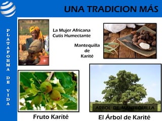UNA TRADICION MÁS

      La Mujer Africana
      Cutis Humectante

               Mantequilla
                  de
                 Karité




                          ARBOL DE MANTEQUILLA

Fruto Karité              El Árbol de Karité
 