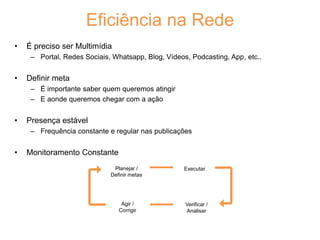 • É preciso ser Multimídia
– Portal, Redes Sociais, Whatsapp, Blog, Vídeos, Podcasting, App, etc..
• Definir meta
– É importante saber quem queremos atingir
– E aonde queremos chegar com a ação
• Presença estável
– Frequência constante e regular nas publicações
• Monitoramento Constante
Eficiência na Rede
Agir /
Corrigir
Planejar /
Definir metas
Executar
Verificar /
Analisar
 