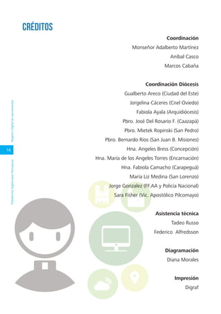 16
PlataformaDigitalparaParroquiasRegistroDigitaldeSacramentosPlataformaDigitalparaParroquias
Créditos
Coordinación
Monseñor Adalberto Martínez
Aníbal Casco
Marcos Cabaña
Coordinación Diócesis
Gualberto Areco (Ciudad del Este)
Jorgelina Cáceres (Cnel Oviedo)
Fabiola Ayala (Arquidiócesis)
Pbro. José Del Rosario F. (Caazapá)
Pbro. Mietek Ropinski (San Pedro)
Pbro. Bernardo Ríos (San Juan B. Misiones)
Hna. Angeles Bress (Concepción)
Hna. María de los Angeles Torres (Encarnación)
Hna. Fabiola Camacho (Carapeguá)
María Liz Medina (San Lorenzo)
Jorge Gonzalez (FF.AA y Policía Nacional)
Sara Fisher (Vic. Apostólico Pilcomayo)
Asistencia técnica
Tadeo Russo
Federico Alfredsson
Diagramación
Diana Morales
Impresión
Digraf
 