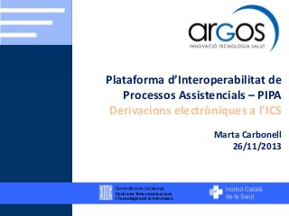 Plataforma d’Interoperabilitat de
Processos Assistencials – PIPA
Derivacions electròniques a l’ICS
Marta Carbonell
26/11/2013

Generalitat de Catalunya
Centre de Telecomunicacions
i Tecnologies de la Informació

 