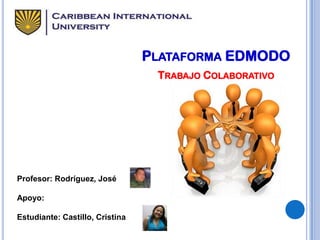 PLATAFORMA EDMODO
TRABAJO COLABORATIVO

Profesor: Rodríguez, José
Apoyo:
Estudiante: Castillo, Cristina

 