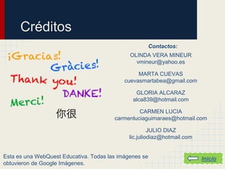 Créditos
                                                     Contactos:
                                              OLINDA VERA MINEUR
                                                vmineur@yahoo.es

                                                 MARTA CUEVAS
                                            cuevasmartabea@gmail.com

                                                GLORIA ALCARAZ
                                               alca839@hotmail.com

                                                 CARMEN LUCIA
                                        carmenluciaguimaraes@hotmail.com

                                                       JULIO DIAZ
                                              lic.juliodiaz@hotmail.com


Esta es una WebQuest Educativa. Todas las imágenes se                     Inicio
obtuvieron de Google Imágenes.
 