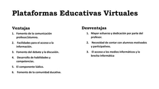 1. Fomento de la comunicación
profesor/alumno.
2. Facilidades para el acceso a la
información.
3. Fomento del debate y la discusión.
4. Desarrollo de habilidades y
competencias.
5. El componente lúdico.
6. Fomento de la comunidad ducativa.
Plataformas Educativas Virtuales
1. Mayor esfuerzo y dedicación por parte del
profesor.
2. Necesidad de contar con alumnos motivados
y participativos.
3. El acceso a los medios informáticos y la
brecha informática
Desventajas
Ventajas
 