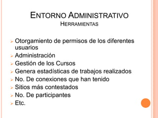 ENTORNO ADMINISTRATIVO
                 HERRAMIENTAS

 Otorgamiento de permisos de los diferentes
  usuarios
 Administración
 Gestión de los Cursos
 Genera estadísticas de trabajos realizados
 No. De conexiones que han tenido
 Sitios más contestados
 No. De participantes
 Etc.
 