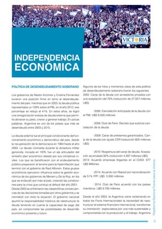 8
PlataformaElectoralFrenteparalaVictoria
INDEPENDENCIA
ECONÓMICA
POLÍTICA DE DESENDEUDAMIENTO SOBERANO
Los gobiernos de Néstor Kirchner y Cristina Fernández
tuvieron una posición firme en torno al desendeuda-
miento del país: mientras que en 2003, la deuda pública
representaba un 139% sobre el PBI, en el año 2012, ese
porcentaje se redujo al 41%. En estos años, se logró
una renegociación exitosa de deuda externa que permi-
tió alivianar su peso, crecer y generar trabajo. En pocas
palabras, Argentina es uno de los países que más se
desendeudó entre 2003 y 2015.
La deuda externa fue el principal condicionante del fun-
cionamiento económico y democrático del país, desde
la recuperación de la democracia en 1983 hasta el año
2003. La deuda contraída durante la dictadura militar
genocida, iniciada en 1976, fue un eje articulador del
siniestro plan económico ideado por sus cómplices ci-
viles. Los que se beneficiaron con el endeudamiento
público prepararon el terreno para la hiperinflación que
terminó con el gobierno de Raúl Alfonsín. Estos grupos
económicos ejercieron influencia sobre la gestión eco-
nómica de los gobiernos de Menem y De la Rúa, en los
que se endeudó aún más al país, creando las condicio-
nes para la crisis que condujo al default del año 2001.
Desde 2003 se enfrentaron las catastróficas consecuen-
cias de las decisiones tomadas por otros gobiernos y se
normalizó con éxito la situación. El gobierno nacional
asumió la responsabilidad histórica de reestructurar la
deuda teniendo en cuenta la capacidad de pago del
país, sin comprometer las posibilidades de desarrollo
económico presente y futuro.
Algunos de los hitos y momentos clave de esta política
de desendeudamiento soberano fueron los siguientes:
2005: Canje de la deuda con acreedores privados con
una aceptación del 76% (reducción de 27.057 millones
U$S)
	 · 2006: Cancelación anticipada de la deuda con
el FMI: U$S 9.500 millones
	 · 2008: Club de París. Decreto que autoriza can-
celación de la deuda.
	 · 2009: Canje de préstamos garantizados. Can-
je de la deuda con ajuste CER (reducción 600 millones
U$S)
	 · 2010: Reapertura del canje de deuda. Acepta-
ción acumulada 92% (reducción 4.397 millones U$S)
2013: Acuerdo empresas litigantes en el CIADI: 677
U$S Millones
	 · 2014: Acuerdo con Repsol por nacionalización
de 51% YPF: U$S 5.000 millones
	 · 2014: Club de París acuerdo con los países
miembros: U$S 9.700 millones
Desde el año 2003, la Argentina viene reclamando en
todos los Foros Internacionales la necesidad de rees-
tructurar el sistema financiero internacional, transformar
su orientación especulativa por una más sustentable y
comprometida con la producción y el trabajo. Argentina
 