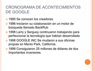 CRONOGRAMA DE ACONTECIMIENTOS
DE GOOGLE
 1995 Se conocen los creadores
 1996 Iniciaron su colaboración en un motor de
  búsqueda llamado BackRub
 1998 Larry y Serguey continuaron trabajando para
  perfeccionar la tecnología que habían desarrollado
 1998 GOOGLE INC Se mudaron a sus oficinas
  propias en Menlo Park, California.
 1999 Consiguieron 25 millones de dólares de dos
  importantes inversores.
 