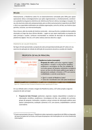 GT Lattes – COMLATTES – Relatório Final
Dezembro de 2018
23
PlataformaLattes:presenteefuturo
23
Missão
Historicamente, a Plataforma Lattes foi um desenvolvimento contratado pelo CNPq para apoiar
operacional, tática e estrategicamente suas ações organizacionais e, simultaneamente, constituir-
se na plataforma de governo eletrônico de referência do País em ciência, tecnologia e inovação. Em
seu site atual esta visão está subrepresentada, pois se refere exclusivamente à experiência do CNPq8
e não à sua capacidade mobilizadora de múltiplas organizações, como foi, de fato, seu histórico (que
permitiu, inclusive, sua internacionalização).
Para o futuro, além da revisão do histórico construído – ativo que lhe dá a condição de bem público
alcançado ao longo das duas últimas décadas – sugere-se que sejam explicitadas as propostas de
valor principal e auxiliar, conforme recomendado no método de descrição do ecossistema de
plataformas digitais. Para tal, o GT Lattes realizou exercício descrito a seguir.
PROPOSTA DE VALOR PRINCIPAL
Na Figura 10 está apresentada a proposta de valor principal desenvolvida pelo GT Lattes em seu
exercício de aplicação do método de definição de ecossistema durante as sessões de trabalho.
Figura 10 – Proposta de Valor Principal da Plataforma Lattes sugerida pelo GT Lattes.
Em sua reflexão sobre a missão e imagem da Plataforma Lattes, o GT Lattes propôs a seguinte
proposta de valor principal:
• Proposta de Valor Principal: padronizar, organizar, mapear, disponibilizar e atualizar as
informações científicas, acadêmicas e tecnológicas do País, nas unidades de currículos,
grupos de pesquisa, instituições e projetos e prover serviços de informação públicos para
apoiar o planejamento, avaliação e fomento a CTI, com autoria, confiabilidade e controle
social aberto.
8
O texto apresentado é de que a “Plataforma Lattes representa a experiência do CNPq na integração
de bases de dados de Currículos, de Grupos de pesquisa e de Instituições em um único Sistema de
Informações”.
 