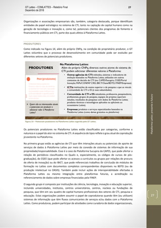 GT Lattes – COMLATTES – Relatório Final
Dezembro de 2018
27
PlataformaLattes:presenteefuturo
27
Organizações e associações empresariais são, também, categoria destacada, porque identificam
entidades de papel estratégico no sistema de CTI, tanto na captação de capital humano como na
geração de tecnologia e inovação e, como tal, potenciais clientes dos programas de fomento e
financiamento públicos em CTI, parte dos quais afetos à Plataforma Lattes.
PRODUTORES
Como indicado na Figura 14, além do próprio CNPq, na condição de proprietário produtor, o GT
Lattes vislumbra que o processo de desenvolvimento em comunidade pode ser evoluído por
diferentes setores de potenciais produtores.
Figura 14 – Potenciais produtores na Plataforma Lattes sugerida pelo GT Lattes.
Os potenciais produtores na Plataforma Lattes estão classificados por categorias, conforme a
natureza e o papel do ator no sistema de CTI. A sequência de tipos reflete o grau atual de coprodução
já existente na Plataforma.
No primeiro grupo estão as agências de CTI que têm interações atuais ou potenciais de aporte de
serviços de dados à Plataforma Lattes por meio da conexão de sistemas de informação de sua
propriedade/responsabilidade. Esse é o caso da Plataforma Sucupira da CAPES, que pode ofertar a
relação de periódicos classificados no Qualis e, especialmente, os códigos de cursos de pós-
graduação), do CGEE (que pode ofertar os acessos a currículos ou grupos por relações de procura
de oferta de inovação) ou do IBICT, que pode referenciais trabalhos de conclusão de módulos de
formação no Lattes com documentos completos correspondentes disponíveis na BDTD (ou de
produção intelectual no OASIS). Também pode incluir ações de interoperabilidade ofertadas à
Plataforma Lattes ou mesmo integração entre plataformas futuras, a acreditação ou
referenciamento de dados sobre empresas financiadas pela FINEP.
O segundo grupo é composto por instituições de ciência, tecnologia, inovação e educação superior,
incluindo universidades, institutos, centros universitários, centros, núcleos ou fundações de
pesquisa, que têm em seu quadro de capital humano profissionais dos setores de CTI, pesquisa e
educação. Estas organizações podem assumir o papel de coprodutoras quando têm (ou utilizam)
sistemas de informação que têm fluxos comunicantes de serviços e/ou dados com a Plataforma
Lattes. Como produtoras, podem participar de atividades como curadoria de dados organizacionais,
 