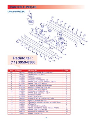 PARTES E PEÇAS
CONJUNTO RODO




    Pedido tel.:
  (11) 3959-0300

 REF.   CÓDIGO       DESCRIÇÃO                              QDE.
  NC       1901001   RODO DE ASPIRAÇÃO COMPLETO               1
   1       1109115   CHAPA BASE DO RODO                       1
   2       1801009   RODA 3"                                  2
   3       1603009   ARRUELA LISA M8                          2
   4       1606008   ARRUELA DE PRESSÃO M8                    2
   5       1612009   PARAF. CAB. SEXT. R. PARCIAL M8x50       2
   6       1612017   PARAF. CAB. SEXT. M8x30                  2
   7       0903002   JUNTA DE BORRACHA DO RODO                1
   8       1610006   MANÍPULO FÊMEA ROSCA M8                  2
   9       1612016   PARAF. CAB. SEXT. M8x15                  2
  10       1606008   ARRUELA DE PRESSÃO M8                    2
  11       1611010   PARAF. CAB. SEXT. ¼’’ x 1.3/4’’          2
           1603008   ARRUELA LISA M6                          4
  12       1623002   PORCA PARLOCK ¼’’                        2
  13       1109003   SUPORTE RODA 2" DO RODO - Preto          2
  14       1801006   RODA 2’’ BORRACHA PVC                    2
  15       1902033   LÂMINA DE BORRACHA - PRETA P/REFORÇO     2
  16       1902010   LÂMINA PU                                2
           1905001   KIT DE APOIO DA LÂMINA                   1
  17       1109002   PERFIL DE APERTO RODO 700mm - PRETO      2
  18       1612033   PARAF. CAB. SEXT. M5x16                 18
           1606004   ARRUELA DE PRESSÃO M5                   18
  19       1109114   PERFIL U DO RODO                        1

                                        15
 