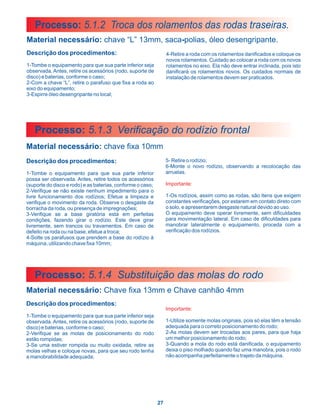 Processo: 5.1.2 Troca dos rolamentos das rodas traseiras.
Material necessário: chave “L” 13mm, saca-polias, óleo desengripante.
Descrição dos procedimentos:                                     4-Retire a roda com os rolamentos danificados e coloque os
                                                                 novos rolamentos. Cuidado ao colocar a roda com os novos
1-Tombe o equipamento para que sua parte inferior seja           rolamentos no eixo. Ela não deve entrar inclinada, pois isto
observada. Antes, retire os acessórios (rodo, suporte de         danificará os rolamentos novos. Os cuidados normais de
disco) e baterias, conforme o caso;                              instalação de rolamentos devem ser praticados.
2-Com a chave “L”, retire o parafuso que fixa a roda ao
eixo do equipamento;
3-Espirre óleo desengripante no local;




   Processo: 5.1.3 Verificação do rodízio frontal
Material necessário: chave fixa 10mm
Descrição dos procedimentos:                                     5- Retire o rodízio;
                                                                 6-Monte o novo rodízio, observando a recolocação das
1-Tombe o equipamento para que sua parte inferior                arruelas.
possa ser observada. Antes, retire todos os acessórios
(suporte do disco e rodo) e as baterias, conforme o caso;        Importante:
2-Verifique se não existe nenhum impedimento para o
livre funcionamento dos rodízios; Efetue a limpeza e             1-Os rodízios, assim como as rodas, são itens que exigem
verifique o movimento da roda. Observe o desgaste da             constantes verificações, por estarem em contato direto com
borracha da roda, ou presença de impregnações;                   o solo, e apresentarem desgaste natural devido ao uso.
3-Verifique se a base giratória está em perfeitas                O equipamento deve operar livremente, sem dificuldades
condições, fazendo girar o rodízio. Este deve girar              para movimentação lateral. Em caso de dificuldades para
livremente, sem trancos ou travamentos. Em caso de               manobrar lateralmente o equipamento, proceda com a
defeito na roda ou na base, efetue a troca;                      verificação dos rodízios.
4-Solte os parafusos que prendem a base do rodízio à
máquina, utilizando chave fixa 10mm;




   Processo: 5.1.4 Substituição das molas do rodo
Material necessário: Chave fixa 13mm e Chave canhão 4mm
Descrição dos procedimentos:
                                                                 Importante:
1-Tombe o equipamento para que sua parte inferior seja
observada. Antes, retire os acessórios (rodo, suporte de         1-Utilize somente molas originais, pois só elas têm a tensão
disco) e baterias, conforme o caso;                              adequada para o correto posicionamento do rodo;
2-Verifique se as molas de posicionamento do rodo                2-As molas devem ser trocadas aos pares, para que haja
estão rompidas;                                                  um melhor posicionamento do rodo;
3-Se uma estiver rompida ou muito oxidada, retire as             3-Quando a mola do rodo está danificada, o equipamento
molas velhas e coloque novas, para que seu rodo tenha            deixa o piso molhado quando faz uma manobra, pois o rodo
a manobrabilidade adequada;                                      não acompanha perfeitamente o trajeto da máquina.




                                                            27
 