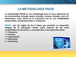 LA METODOLOGÍA PACIE
  La metodología PACIE es una metodología para el uso y aplicación de
  las herramientas virtuales (aulas virtuales, campus virtuales, web 2.0,
  metaversos, entre otros) en la educación sea en sus modalidades
  presenciales, semipresenciales o a distancia.

  PACIE son las siglas de las 5 fases que permiten un desarrollo
  integral de la educación virtual como soporte de las otras
  modalidades de educación, y corresponden a las siguientes fases:
  P = Presencia
  A = Alcance
  C= Capacitación
  I = Interacción
  E = E-leraning




Here comes your footer  Page 9
 