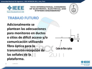 Universidad Nacional de Ingeniería | IEEE INTERCON 2011, Lima, Perú




           TRABAJO FUTURO
           Adicionalmente se
           plantean las adecuaciones
           para monitoreo en ductos
           o sitios de difícil acceso y/o
           comunicación utilizando
           fibra óptica para la
           transmisión-recepción de
           las señales de la
           plataforma.
      15         15/08/2012
 