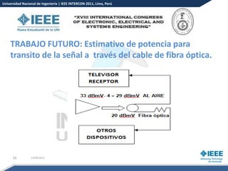 Universidad Nacional de Ingeniería | IEEE INTERCON 2011, Lima, Perú




    TRABAJO FUTURO: Estimativo de potencia para
    transito de la señal a través del cable de fibra óptica.




      16         15/08/2012
 