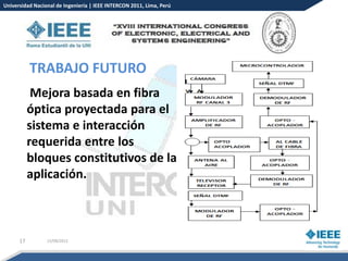 Universidad Nacional de Ingeniería | IEEE INTERCON 2011, Lima, Perú




           TRABAJO FUTURO
            Mejora basada en fibra
           óptica proyectada para el
           sistema e interacción
           requerida entre los
           bloques constitutivos de la
           aplicación.



      17         15/08/2012
 