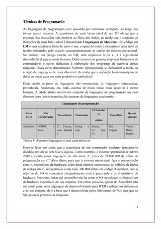 7
Técnicas de Programação
As linguagens de programação vêm passando por contínuas evoluções, ao longo das
última quatro décadas. A arquitetura de mais baixo nível de um PC obriga que a
estrutura das instruções seja propícia ao fluxo dos dados, de modo que o conjunto de
instruções de mais baixo nível é denominado Linguagem de Máquina. Um código em
LM é uma seqüência finita de zeros e uns, e opera de modo a executarem uma série de
tarefas solicitadas pelo usuário concomitantemente às tarefas do sistema operacional.
No entanto, um código escrito em LM, uma seqüência de 0s e 1s é algo muito
desconfortável para a mente humana. Desta maneira, as grandes empresas fabricantes de
computadores e outras dedicadas à elaboração dos programas de gerência destas
máquinas (mais tarde denominados Sistemas Operacionais) se dedicaram à tarefa da
criação de linguagens de mais alto nível, de modo que a interação homem-máquina se
desse de modo cada vez mais produtivo e confortável.
Deste modo surgiram as linguagens não estruturadas, as linguagens estruturadas,
procedurais, funcionais, etc, todas escritas de modo muito mais acessível à mente
humana. A tabela abaixo mostra um conjunto de linguagens de programação nos seus
diversos tipos (não é exaustiva, há centenas de linguagens atualmente).
Linguagens de programação
Baixo
nível
Não
estruturadas
Procedurais Funcionais
Orientadas
a
objeto
Específicas
Quarta
geração
Assembler COBOL e
Basic
C, Fortran,
Ada, Modula
2
Prolog e
Lisp
Simula,
C++, Java,
C#
SQL,
Clipper
Visual
Basic,
Delphi
Tabela 1: Algumas linguagens e suas características
Deve-se levar em conta que a arquitetura de um computador moderno apresenta-se
dividida em seis ou sete níveis lógicos. Como exemplo, o sistema operacional Windows
2000 é escrito numa linguagem de alto nível: C, cerca de 28.000.000 de linhas de
programação em C! Além disso, para que o sistema operacional faça a comunicação
com os dispositivos de hardware, além deste número monstruoso de milhões de linhas
de código em C, acrescenta-se a isto mais 300.000 linhas em código Assembler, com o
objetivo do SO se comunicar adequadamente com a placa mãe e os dispositivos de
hardware. Sem estas linhas em Assembler não há como o SO reconhecer os dispositivos
de hardware específicos de sua máquina. Em outras palavras, apesar do Assembler não
ser usado como uma linguagem de desenvolvimento para WEB e aplicativos comerciais
e de uso comum, ela é a base que é desenvolvida pelos fabricantes de PCs para que os
SOs possam gerenciar as máquinas.
 
