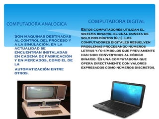 COMPUTADORA ANALOGICA  Son maquinas destinadas al control del proceso y a la simulación. en la actualidad se encuentran instaladas en cadena de fabricación y en mercados, como el de la  automatización entre otros.  COMPUTADORA DIGITAL Estos computadores utilizan el sistema binario, el cual consta de solo dos dígitos (0,1). Los computadores digitales resuelven problemas procesando números letras y/o símbolos que previamente han sido convertidos al código binario. Es una computadora que opera directamente con valores expresados como números discretos.  