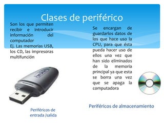 Clases de periférico Periféricos de  entrada /salida Periféricos de almacenamiento Se encargan de guardarlos datos de los que hace uso la CPU, para que ésta pueda hacer uso de ellos una vez que han sido eliminados de la memoria principal ya que esta se borra una vez que se apaga la computadora Son los que permiten recibir e introducir información del computador Ej. Las memorias USB, los CD, las impresoras multifunción 