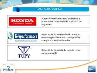CASE AUTOMATION
Redução de 1 analista de suporte redes
com automação
Automação reduziu a zero problemas e
pontuações com multas de auditorias de
segurança.
Redução de 7 analistas devido alto turn
over com gestão de acessos foi possível
enxugar a operação de redes.
 