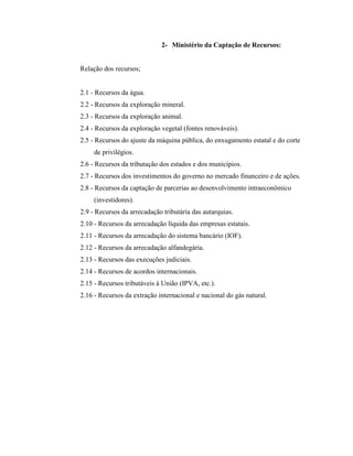 2- Ministério da Captação de Recursos:


Relação dos recursos;


2.1 - Recursos da água.
2.2 - Recursos da exploração mineral.
2.3 - Recursos da exploração animal.
2.4 - Recursos da exploração vegetal (fontes renováveis).
2.5 - Recursos do ajuste da máquina pública, do enxugamento estatal e do corte
     de privilégios.
2.6 - Recursos da tributação dos estados e dos municípios.
2.7 - Recursos dos investimentos do governo no mercado financeiro e de ações.
2.8 - Recursos da captação de parcerias ao desenvolvimento intraeconômico
     (investidores).
2.9 - Recursos da arrecadação tributária das autarquias.
2.10 - Recursos da arrecadação líquida das empresas estatais.
2.11 - Recursos da arrecadação do sistema bancário (IOF).
2.12 - Recursos da arrecadação alfandegária.
2.13 - Recursos das execuções judiciais.
2.14 - Recursos de acordos internacionais.
2.15 - Recursos tributáveis à União (IPVA, etc.).
2.16 - Recursos da extração internacional e nacional do gás natural.
 