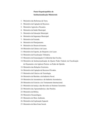 Pauta Organicopolítica de
                  Institucionalização Ministerial:


1- Ministério das Reformas da Terra.
2- Ministério da Captação de Recursos.
3- Ministério Agrícola e Pecuário.
4- Ministério da Saúde Municipal.
5- Ministério da Educação Municipal.
6- Ministério da Segurança Municipal.
7- Ministério da Fazenda.
8- Ministério do Planejamento.
9- Ministério do Desenvolvimento.
10- Ministério da Cultura e do Lazer.
11- Ministério do Esporte, do Desporto e do Lazer.
12- Ministério da Fiscalização Tributária.
13- Ministério da Emancipação Civildistrital das Favelas.
14- Ministério da Institucionalização do Quarto Poder Federal; da Fiscalização
   do Orçamento e da Agência Pretora: ou Poder da Opinião.
15- Ministério das Relações Exteriores.
16- Ministério da Captação de Recursos Privados.
17- Ministério da Ciência e da Tecnologia.
18- Ministério da Marinha e da Indústria Naval.
19- Ministério da Aeronáutica e da Indústria Aeronáutica.
20- Ministério do Exército e do Treinamento Internacional.
21- Ministério da Justiça e das Revisões no Sistema Carcerário.
22- Ministério das Aposentadorias e das Pensões.
23- Ministério da Defesa.
24- Ministério Oceanológico.
25- Ministério do Meio Ambiente.
26- Ministério da Exploração Espacial.
27- Ministério do Bem Estar Social.
 