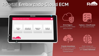 Captura e Classificação
por Tipo Documental
Envio Seguro
de Documentos direto
para a nuvem
Criação Instantânea
de Rotinas para Todos
ou Selecionados
Equipamentos
Pode instalar em
Ilimitados equipamentos
sem Custos Adicionais
RPortal Embarcado Cloud ECM
 