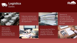 Logística
Dores
Altos custos
operacionais
envolvendo o
armazenamento de
documentos físicos.
Falta de controle com
a série de documentos
ligados ao faturamento
da organização.
Extravio de DACTES e
comprovantes de
entrega, causando
prejuízos financeiros.
Demora no
faturamento das
entregas devido ao
acúmulo padronizado
de comprovantes de
entrega.
 