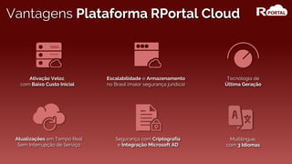 Segurança com Criptografia
e Integração Microsoft AD
Escalabilidade e Armazenamento
no Brasil (maior segurança jurídica)
Ativação Veloz,
com Baixo Custo Inicial
Atualizações em Tempo Real
Sem Interrupção de Serviço
Tecnologia de
Última Geração
Vantagens Plataforma RPortal Cloud
Multilíngue,
com 3 Idiomas
 